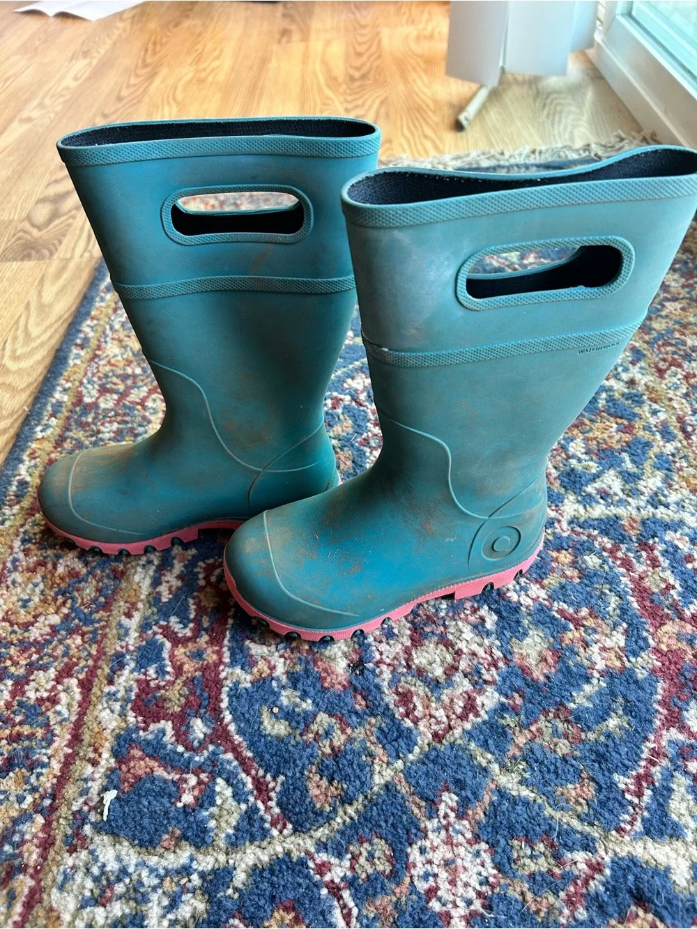 Bogs Kids Teal Rain Boots with Pink Soles